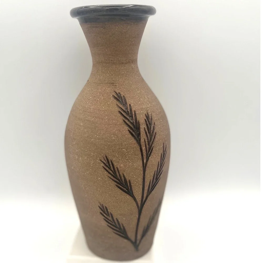 Earth Ware Pottery Vase Signed Fossil Plant Pattern Large Brown‎ Color